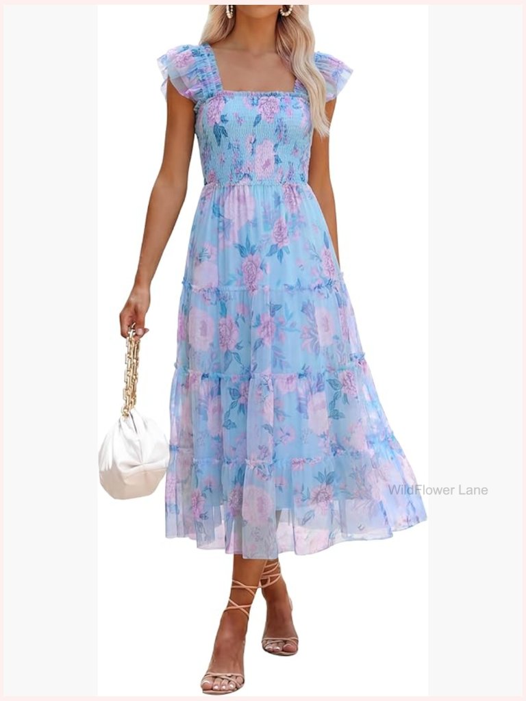 Women Summer Floral Midi Dress Sleeveless Boho Flowy Smocked Ruffle